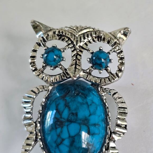 Vintage Gerry's Owl Brooch Women's Silver Faux Turquoise Cabochon Autumn Birding - Picture 2 of 8